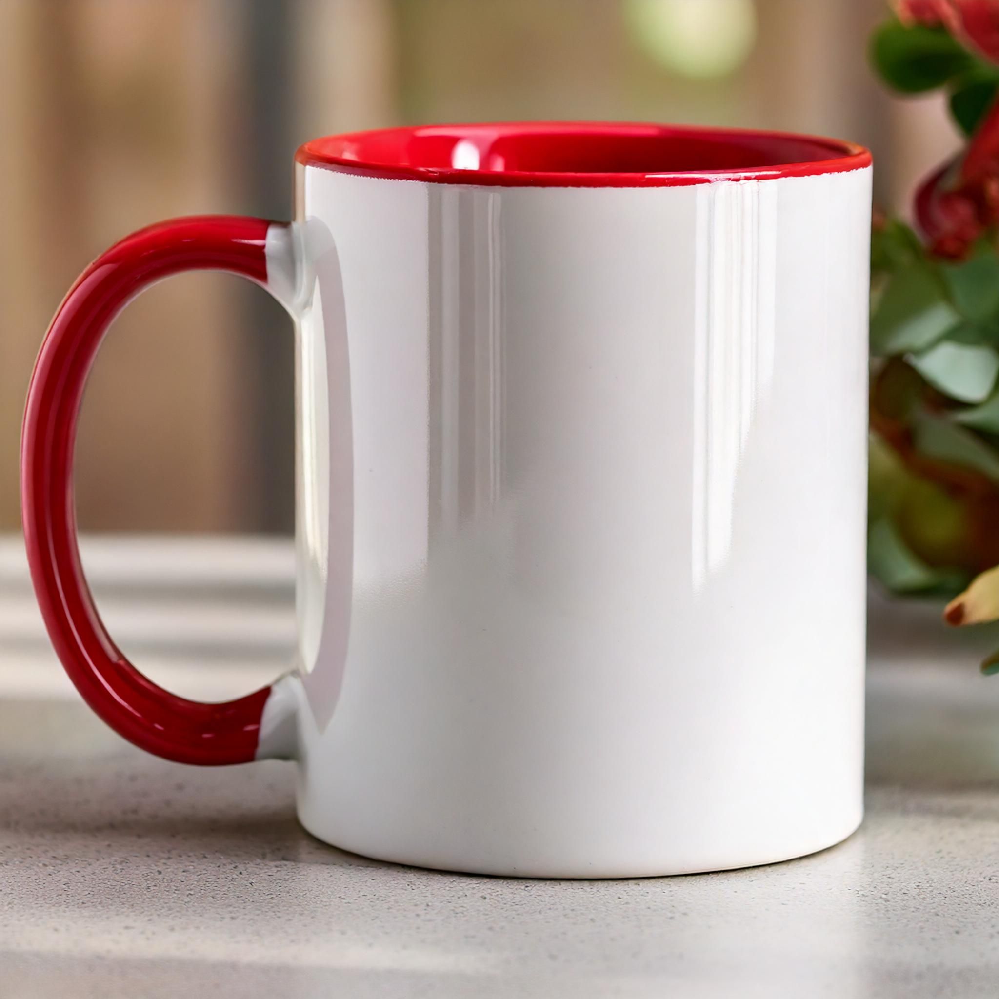 Ceramic mug with red handle and interior