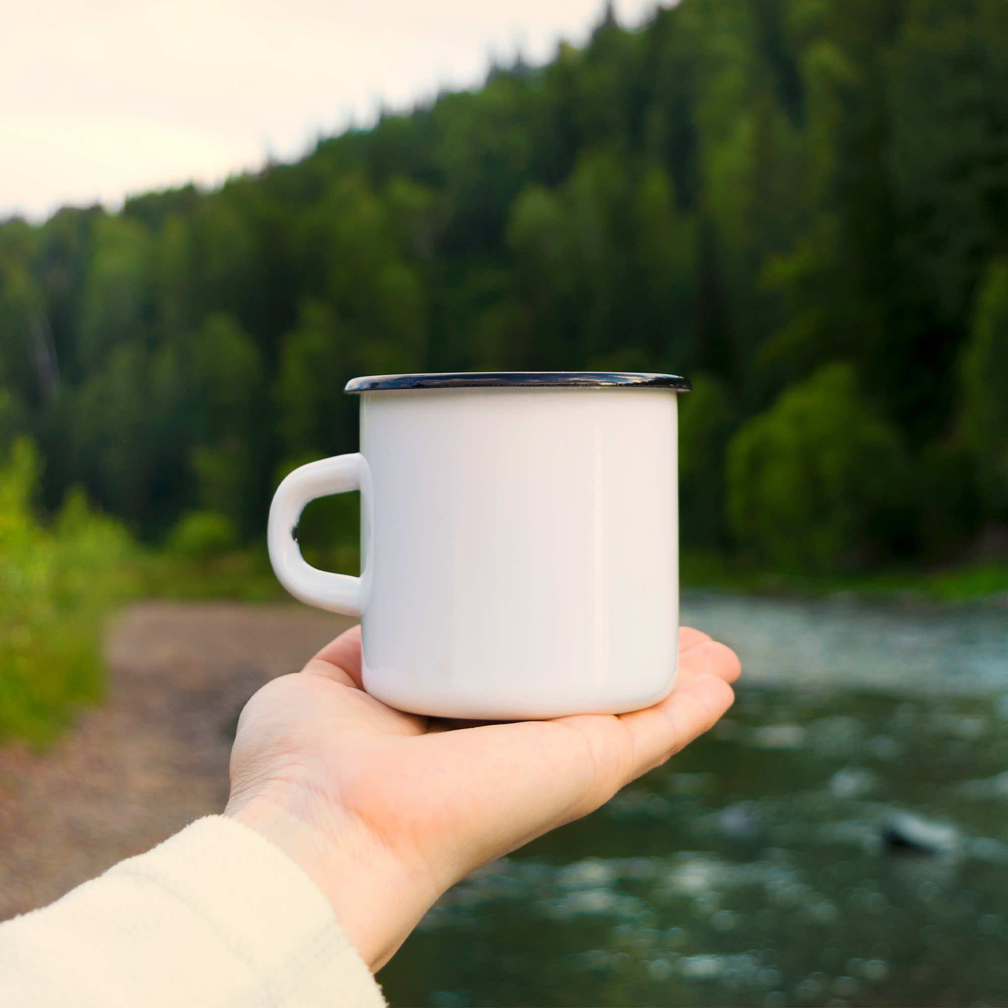 Custom printed enamel mug for outdoor use and print on demand