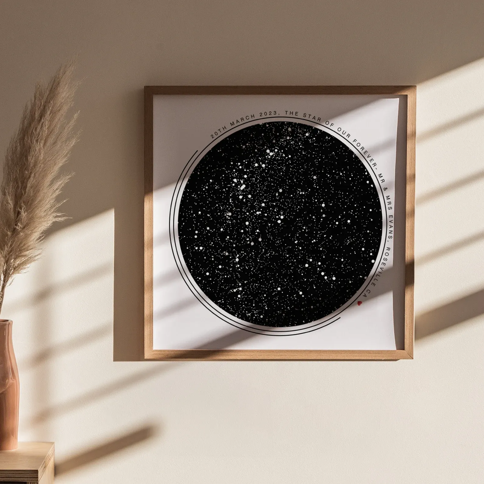 Custom star map poster in wooden frame