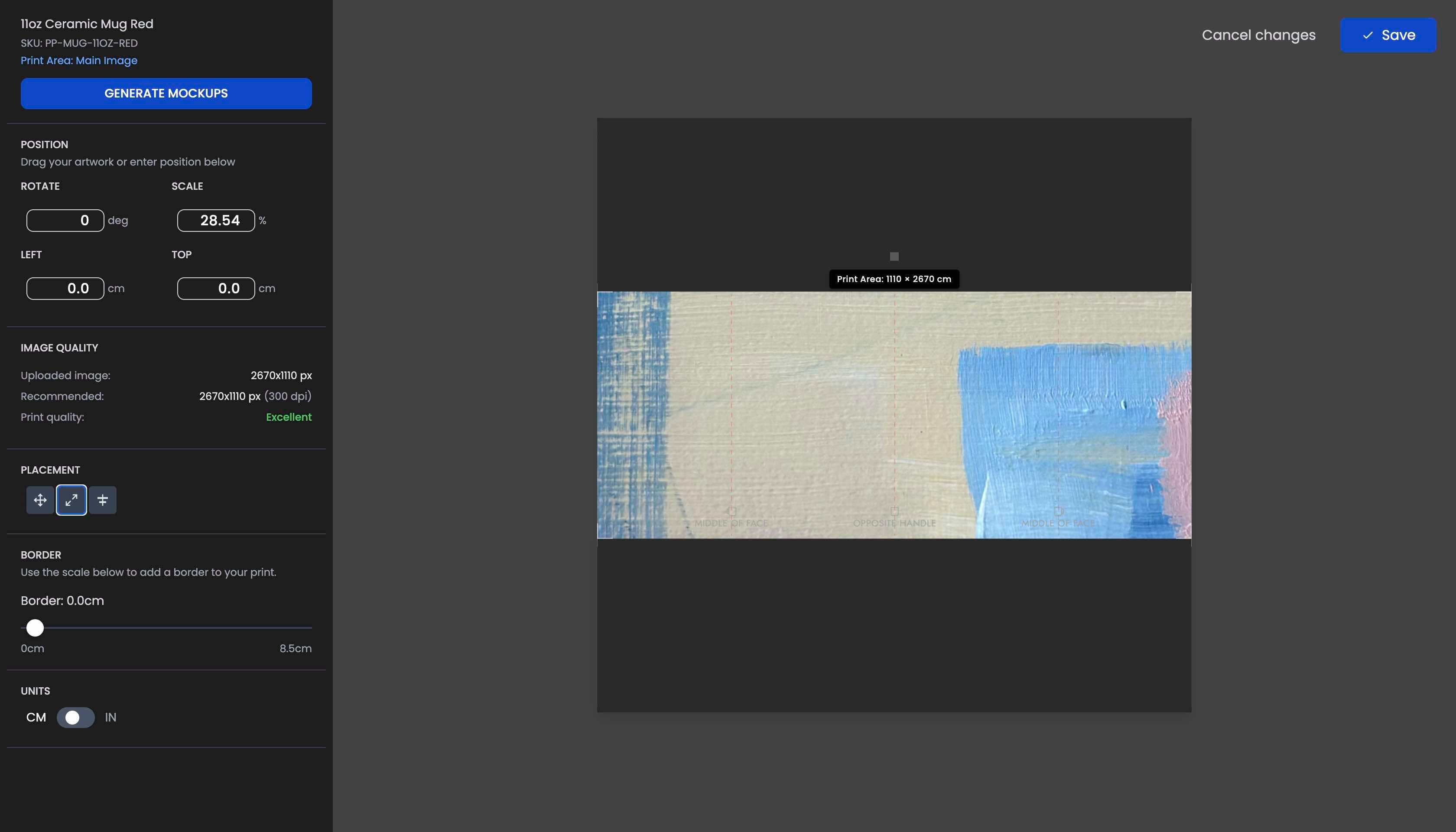 Professional dashboard image editor interface for creating custom print on demand mugs