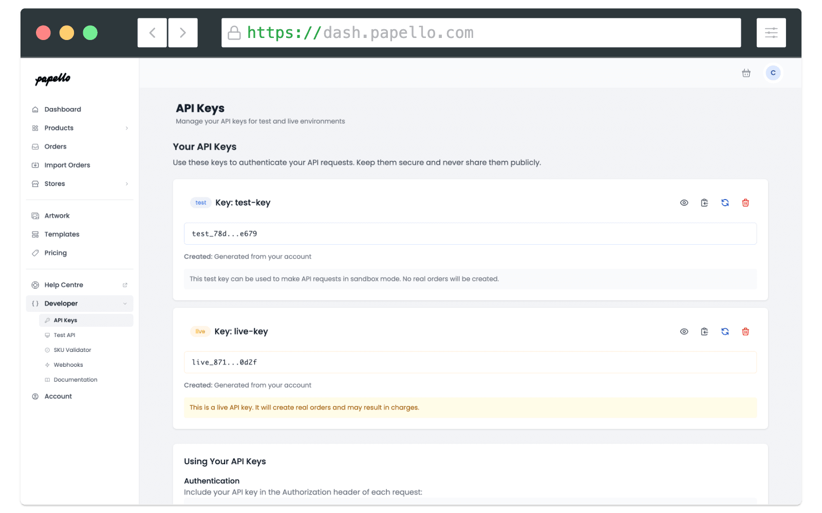 Papello API keys management dashboard