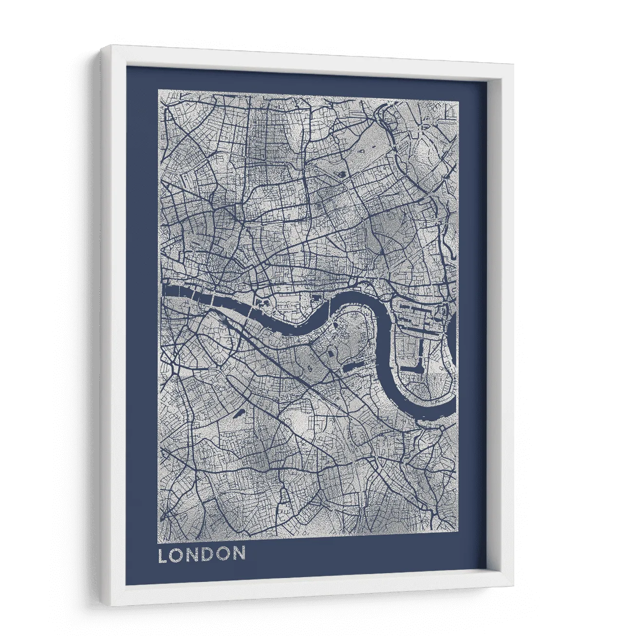 Framed metallic foil print with detailed city map design in silver on dark background
