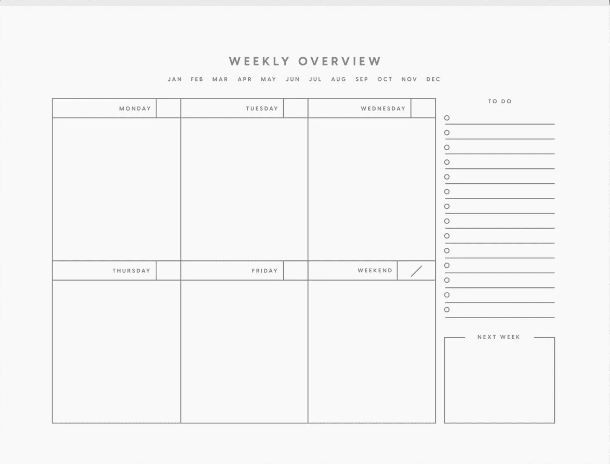 Weekly desk planner inside pages showing weekly planning layout